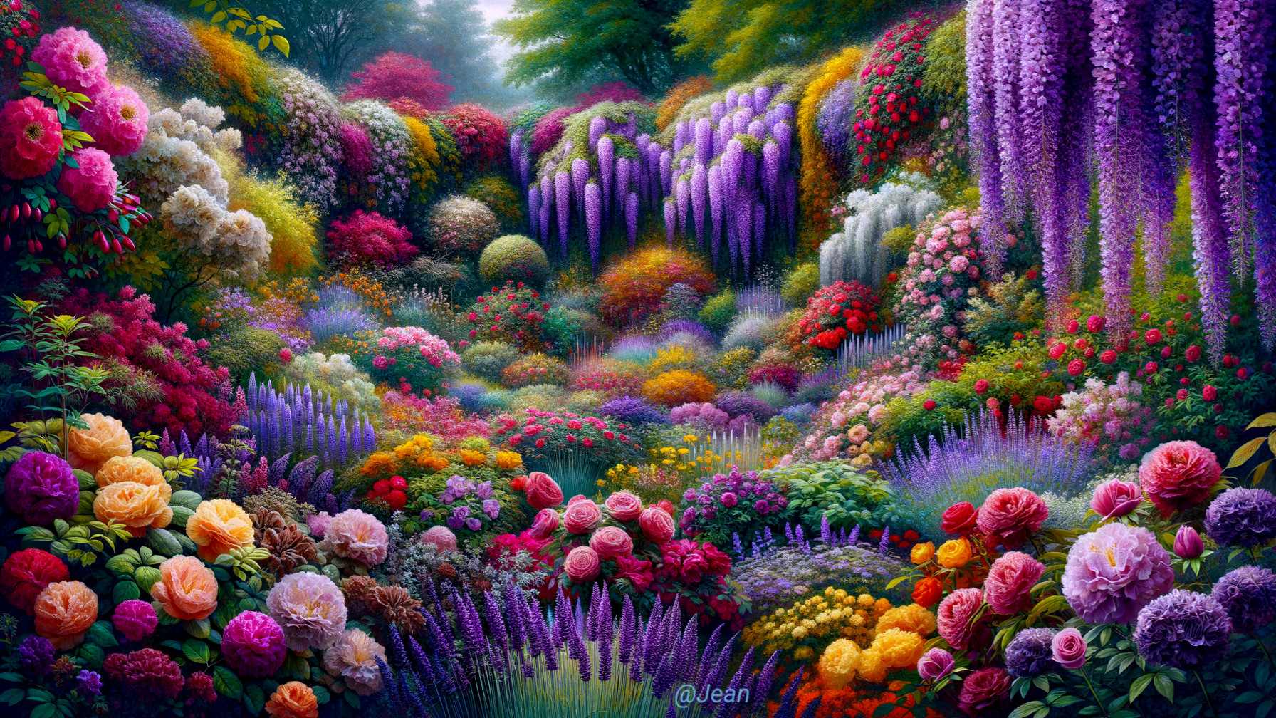 Vibrant Garden with Colorful Flowers and Waterfalls