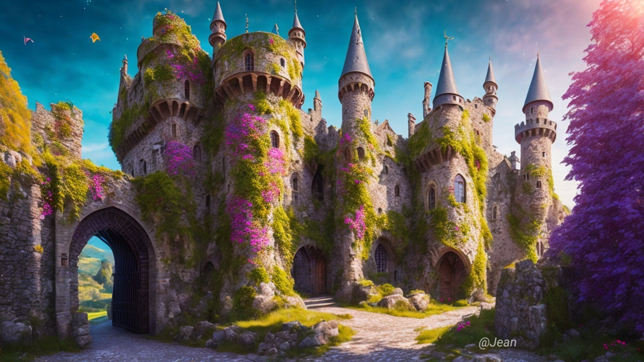 Majestic stone castle on a hill with vibrant flowers