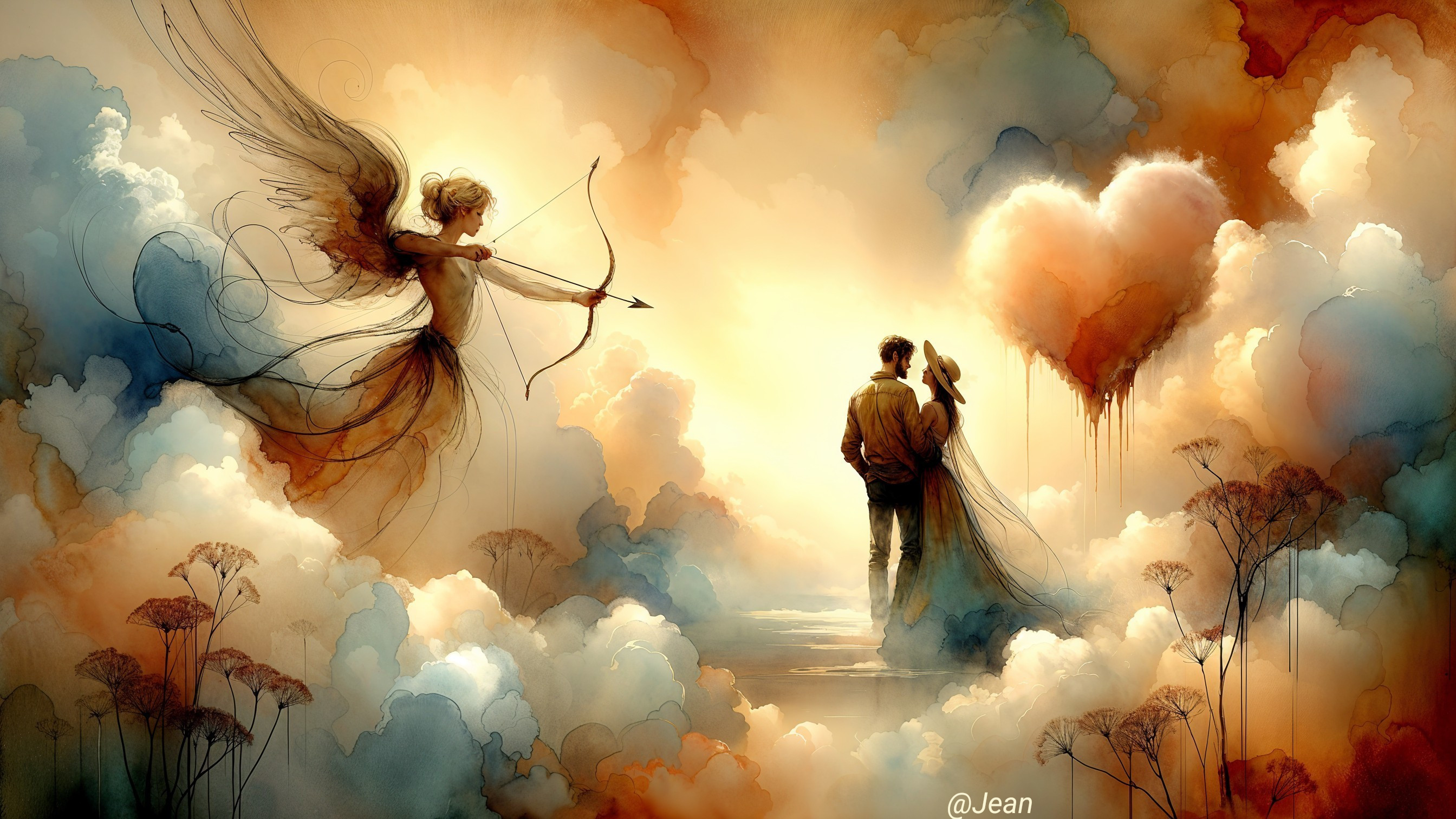Fantasy Watercolor Art of Archer Angel and Couple