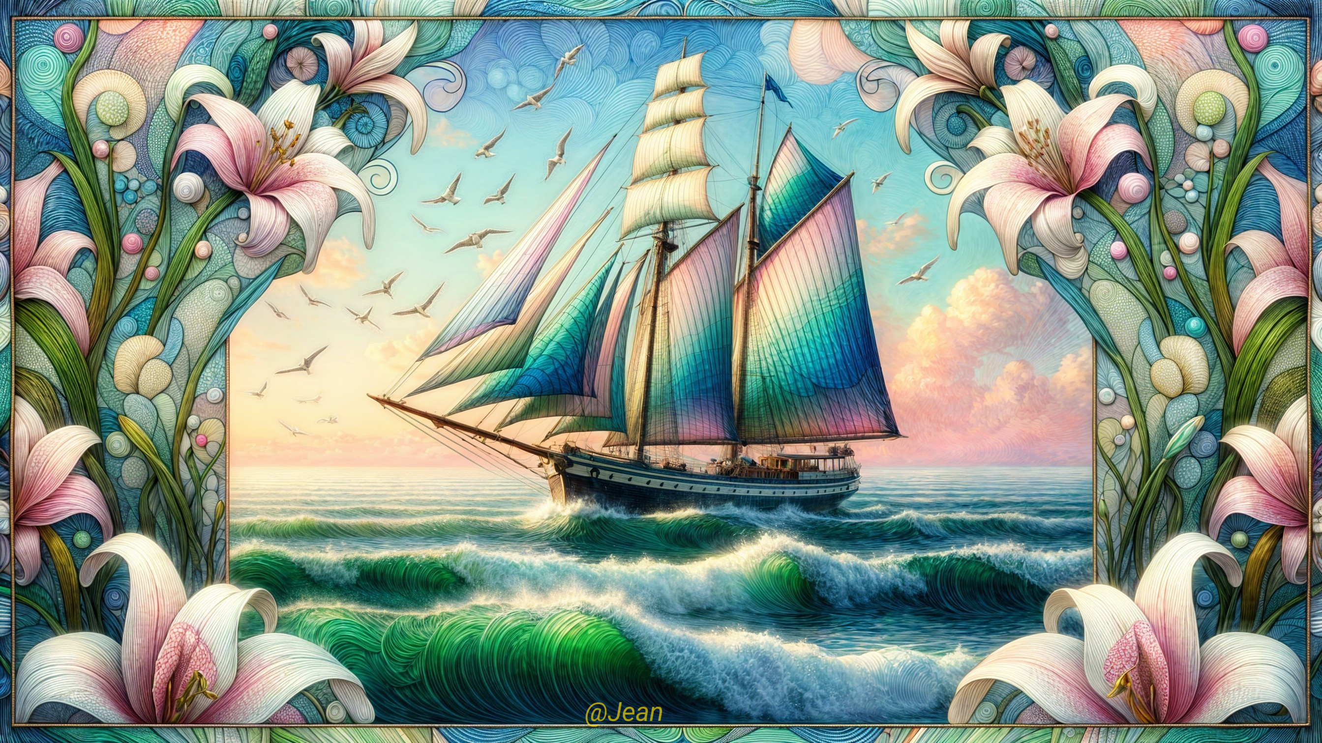 Majestic sailboat on turquoise waves under pastel sky
