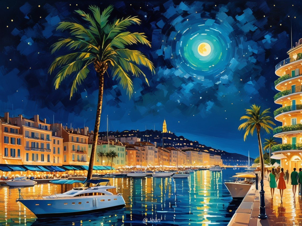 Vibrant Waterfront Night Scene with Illuminated Buildings
