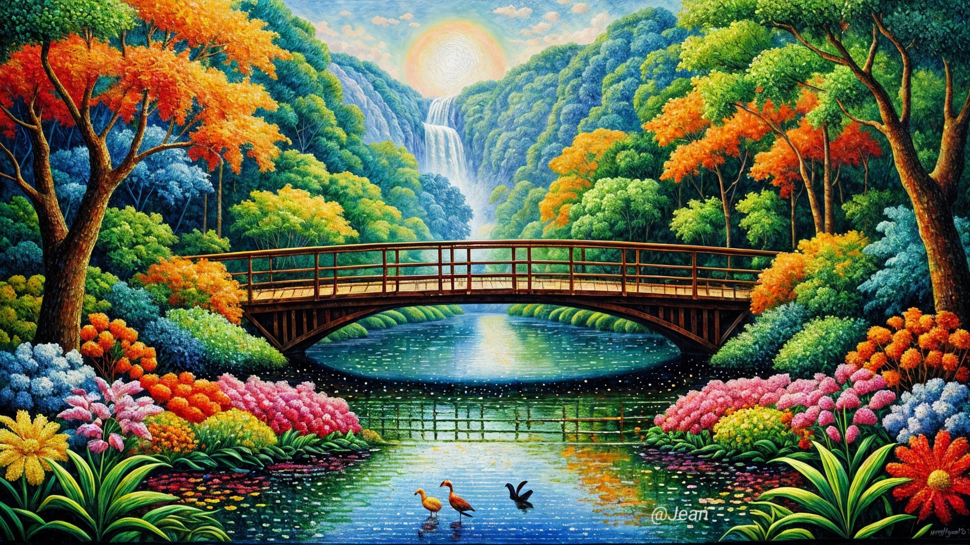 Vibrant Landscape with River, Bridge, and Waterfall