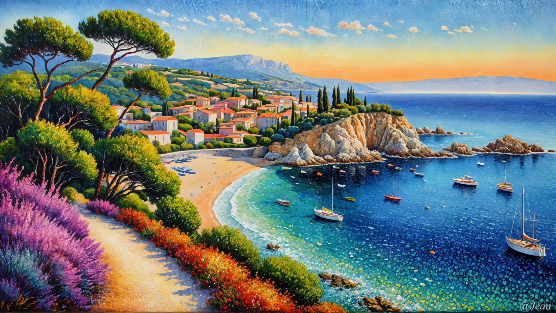 Coastal Village with Colorful Houses and Scenic Beach