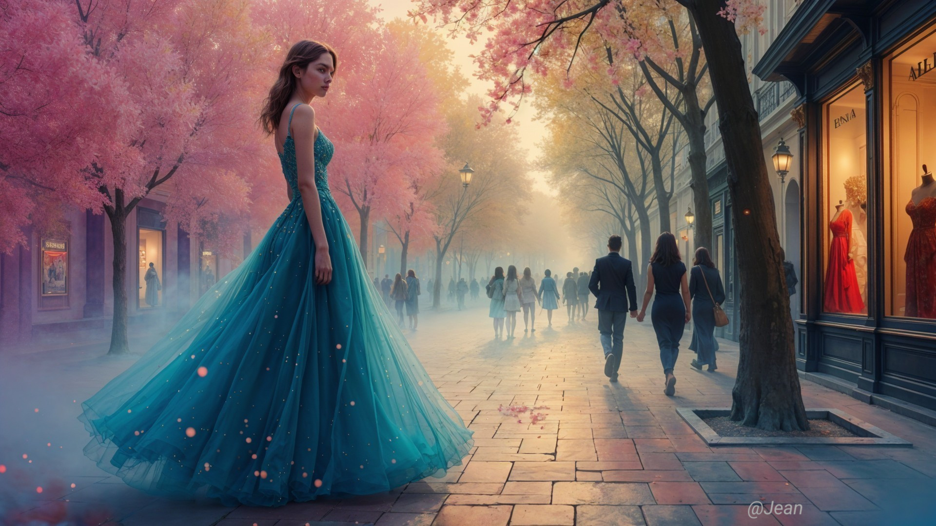 Young Woman in Turquoise Gown on Boulevard with Trees