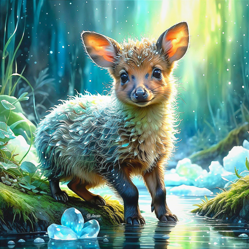 Whimsical creature by a sparkling stream in nature