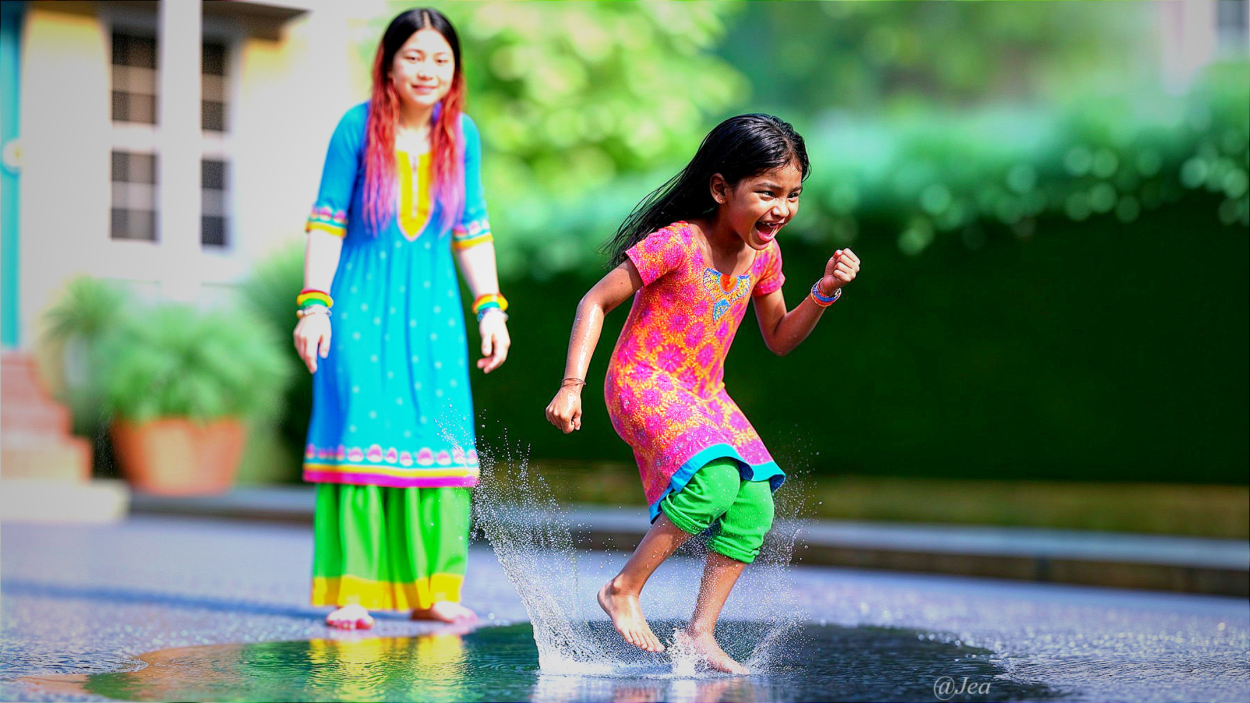 Joyful girl splashing in puddles on a sunny day