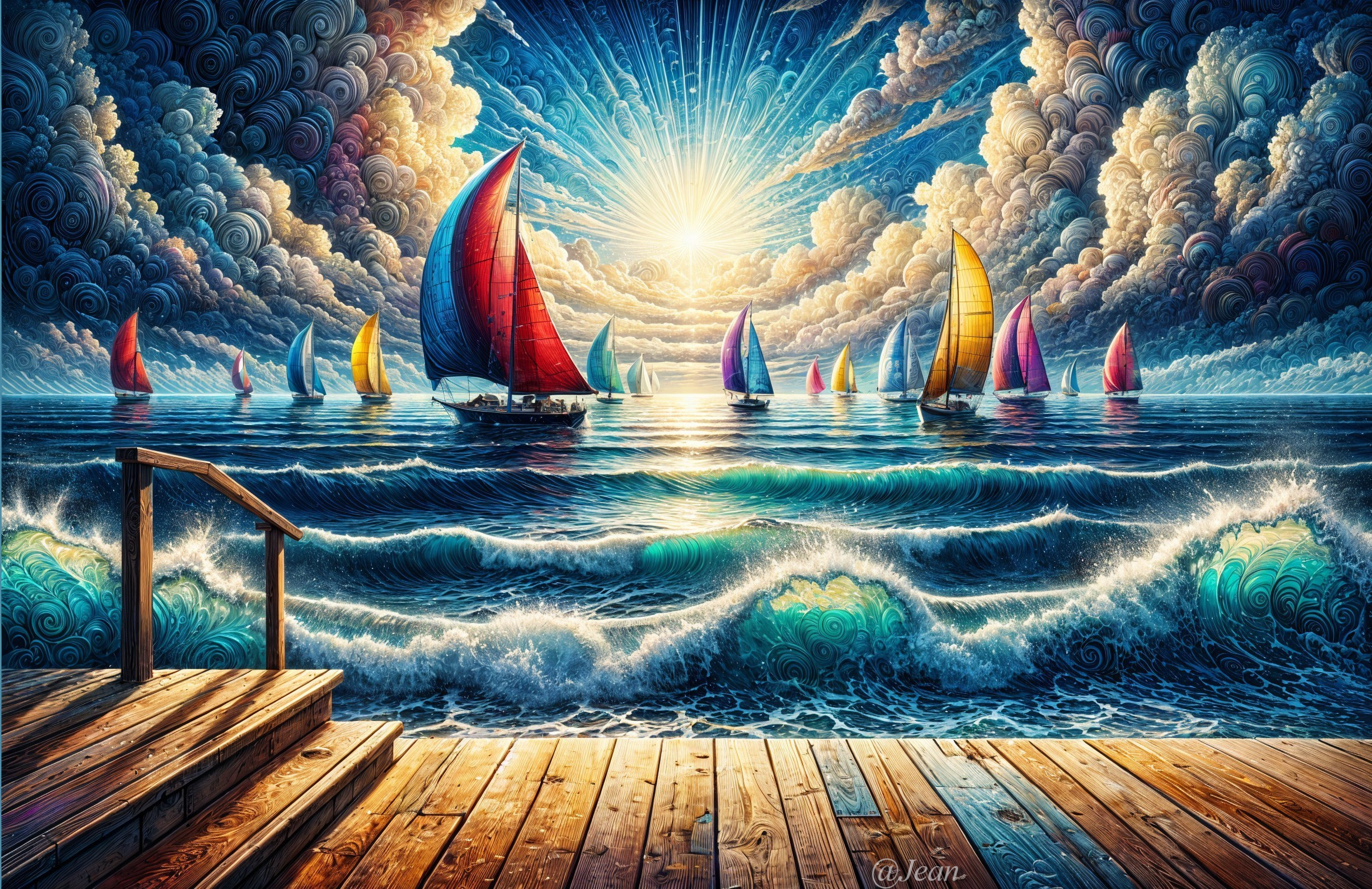 Vibrant Seascape with Sailboats and Gentle Waves