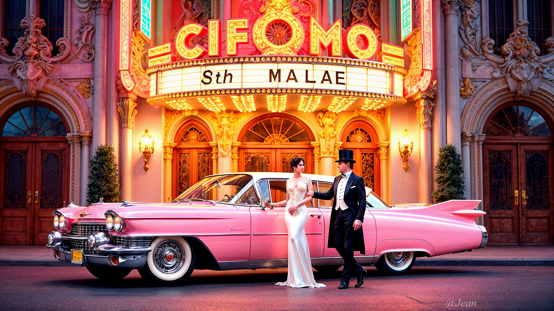 Glamorous Couple by Vintage Pink Cadillac at Theater