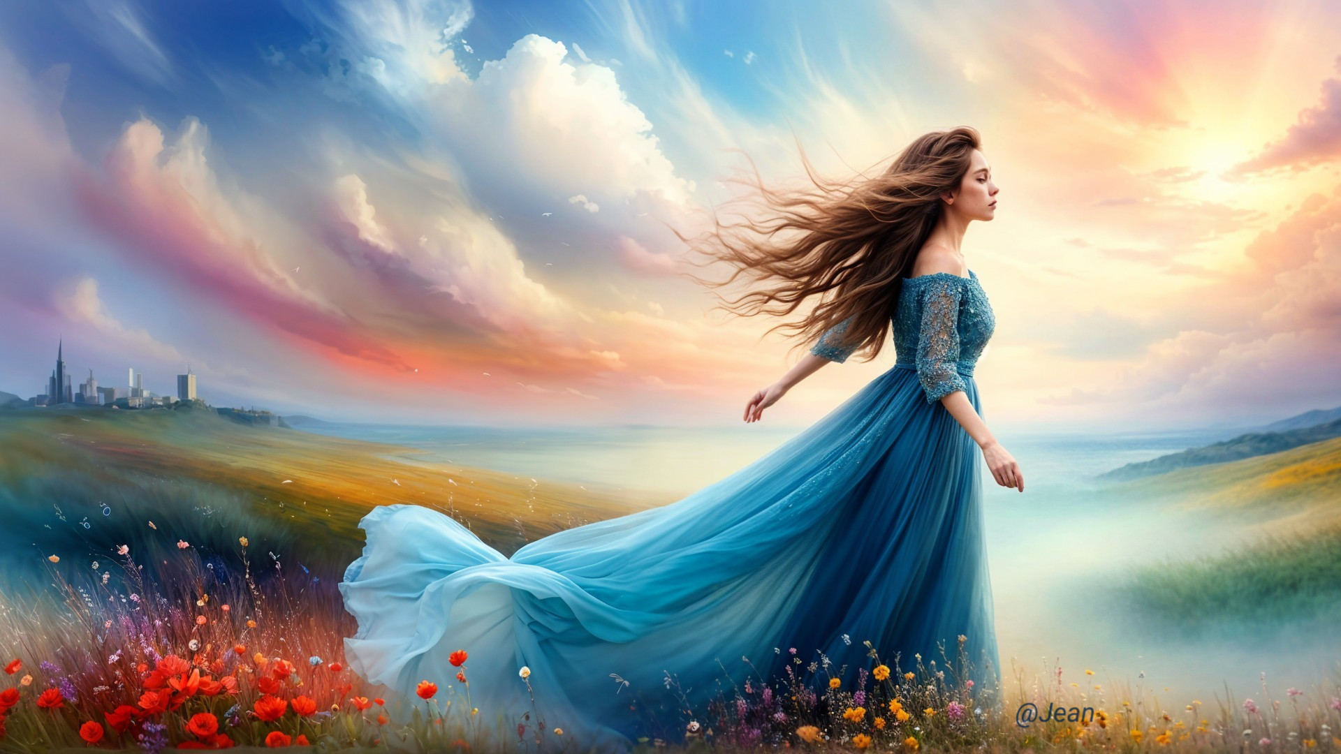 Woman in Azure Gown in Vibrant Meadow at Sunset