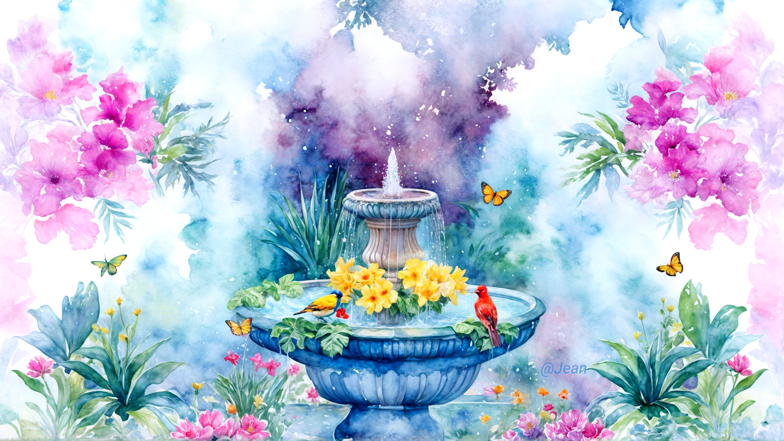 Serene garden scene with fountain and vibrant flowers