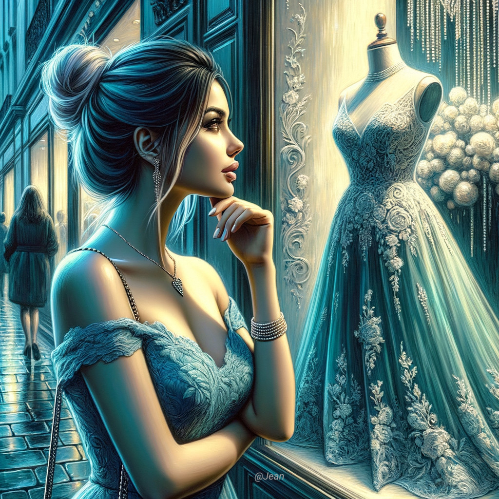 Young Woman Admiring Elegant Dress in Boutique Window