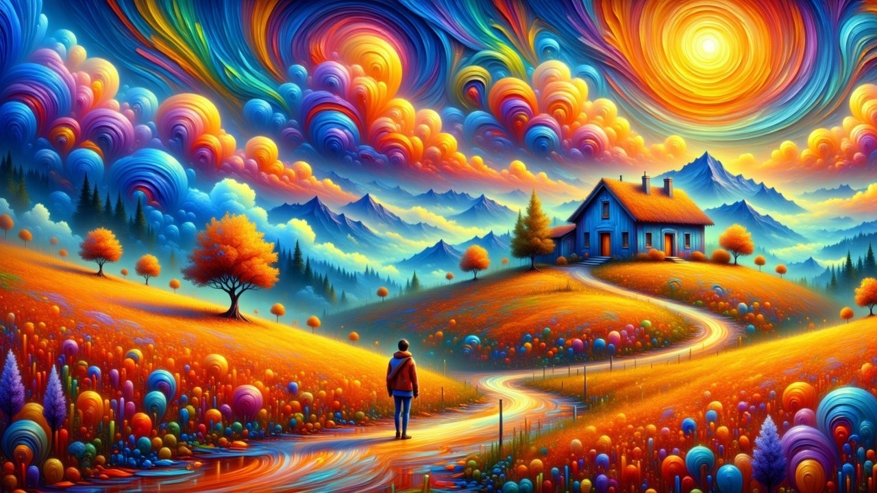 Surreal Landscape with Cozy House and Colorful Sky