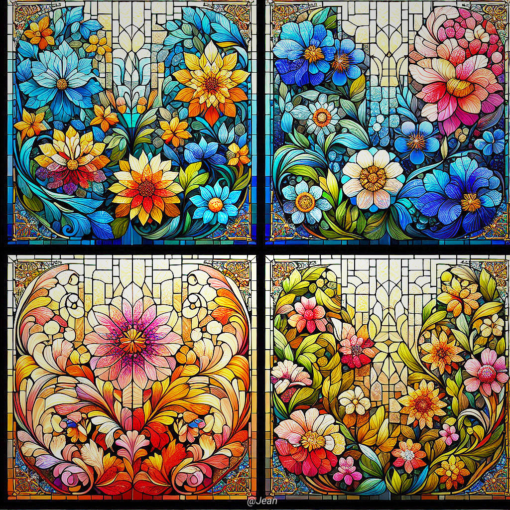 Vibrant Stained Glass Floral Motif in Four Sections