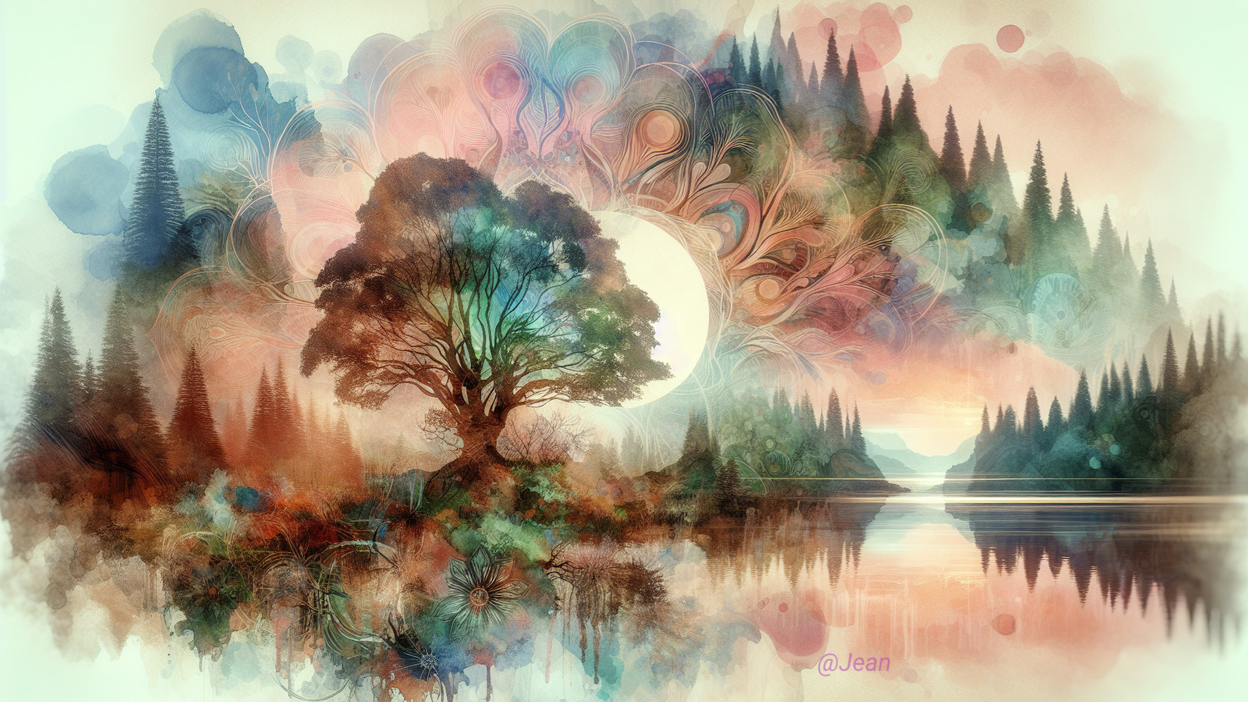 Serene Landscape with Tree and Vibrant Sunset Colors
