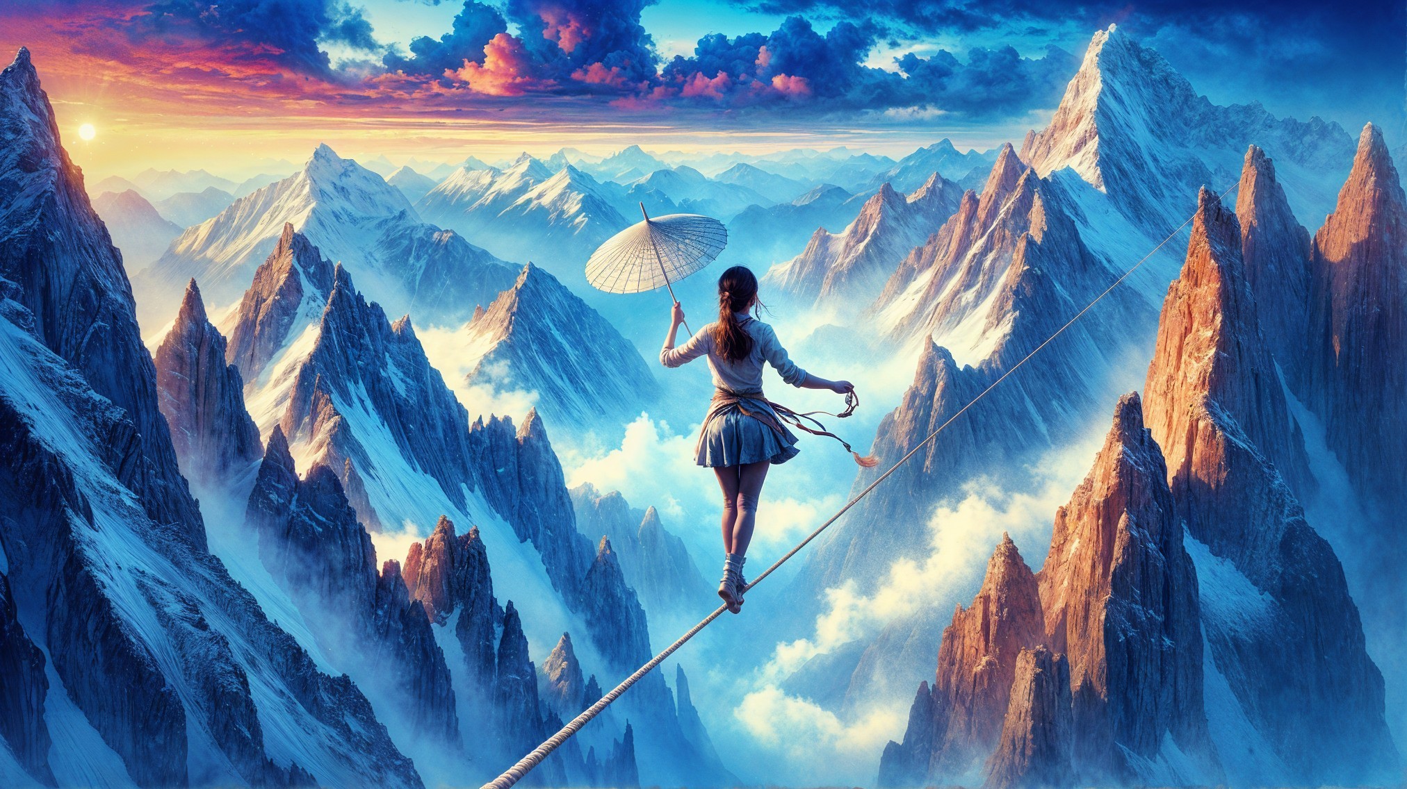 Tightrope Walker Above Snow-Capped Mountains at Sunrise