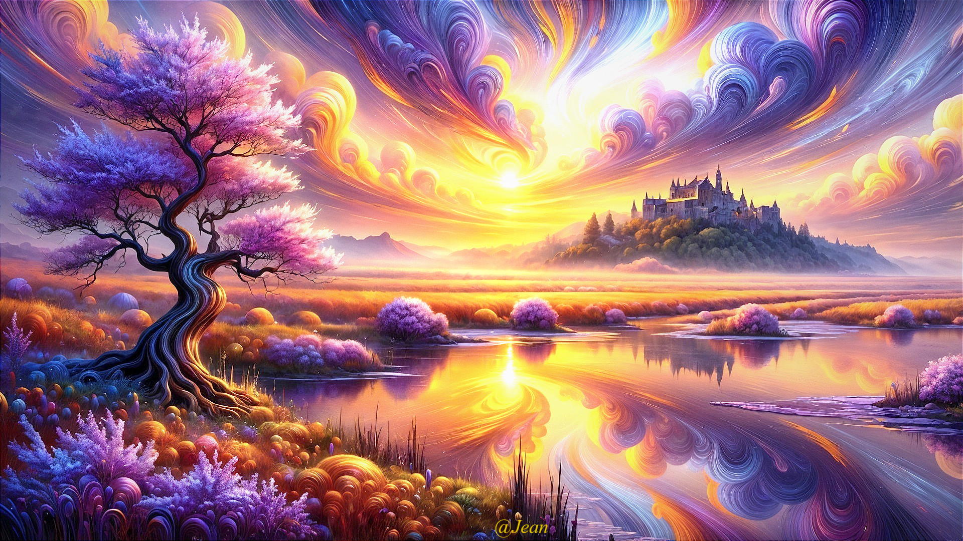 Majestic castle on a hill with vibrant sunset landscape