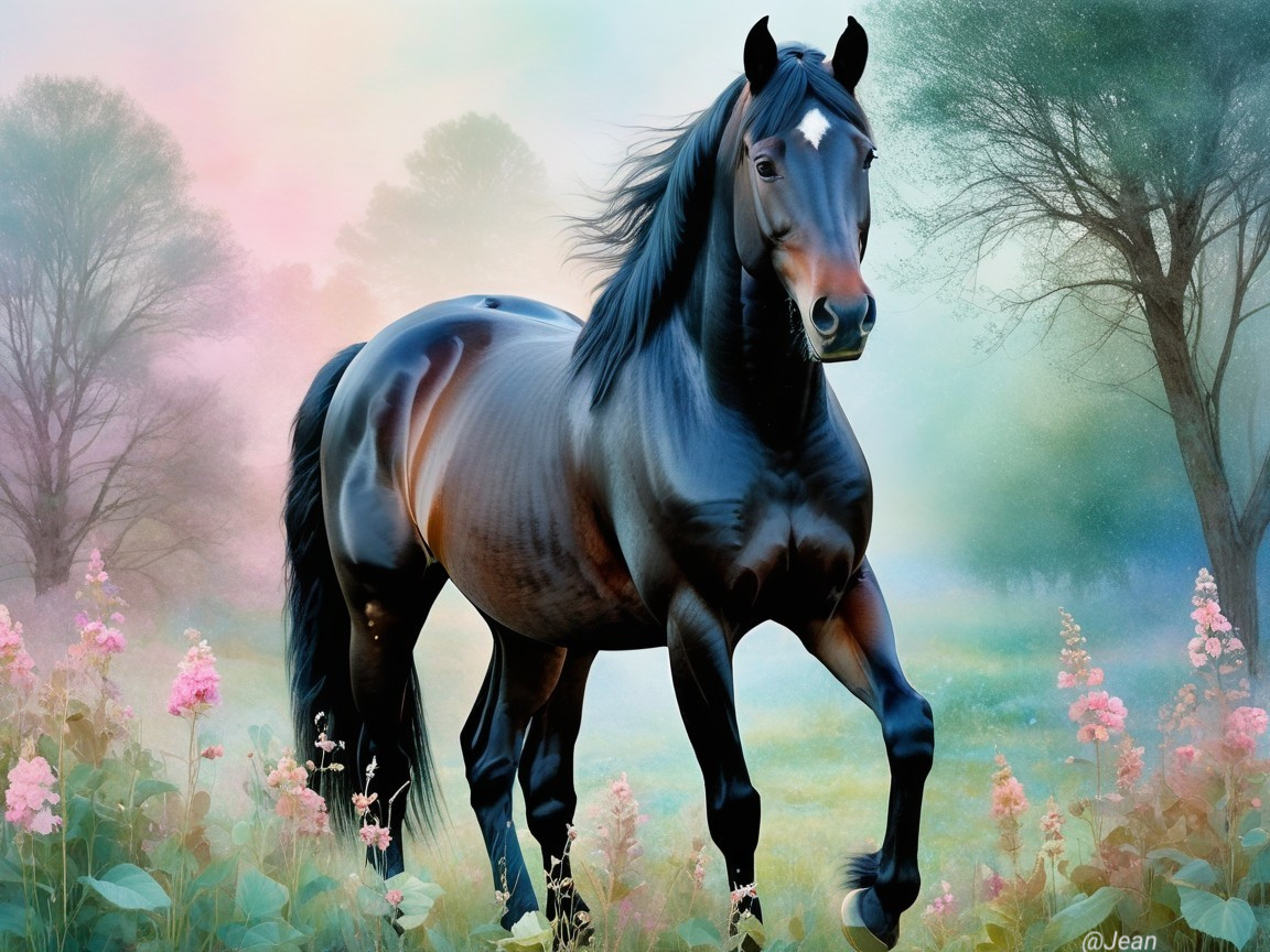 Black Horse in Misty Meadow with Pastel Flowers