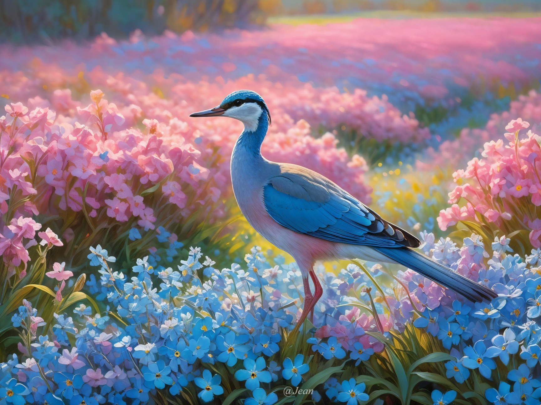 Colorful Bird Among Blooming Flowers in Sunlight
