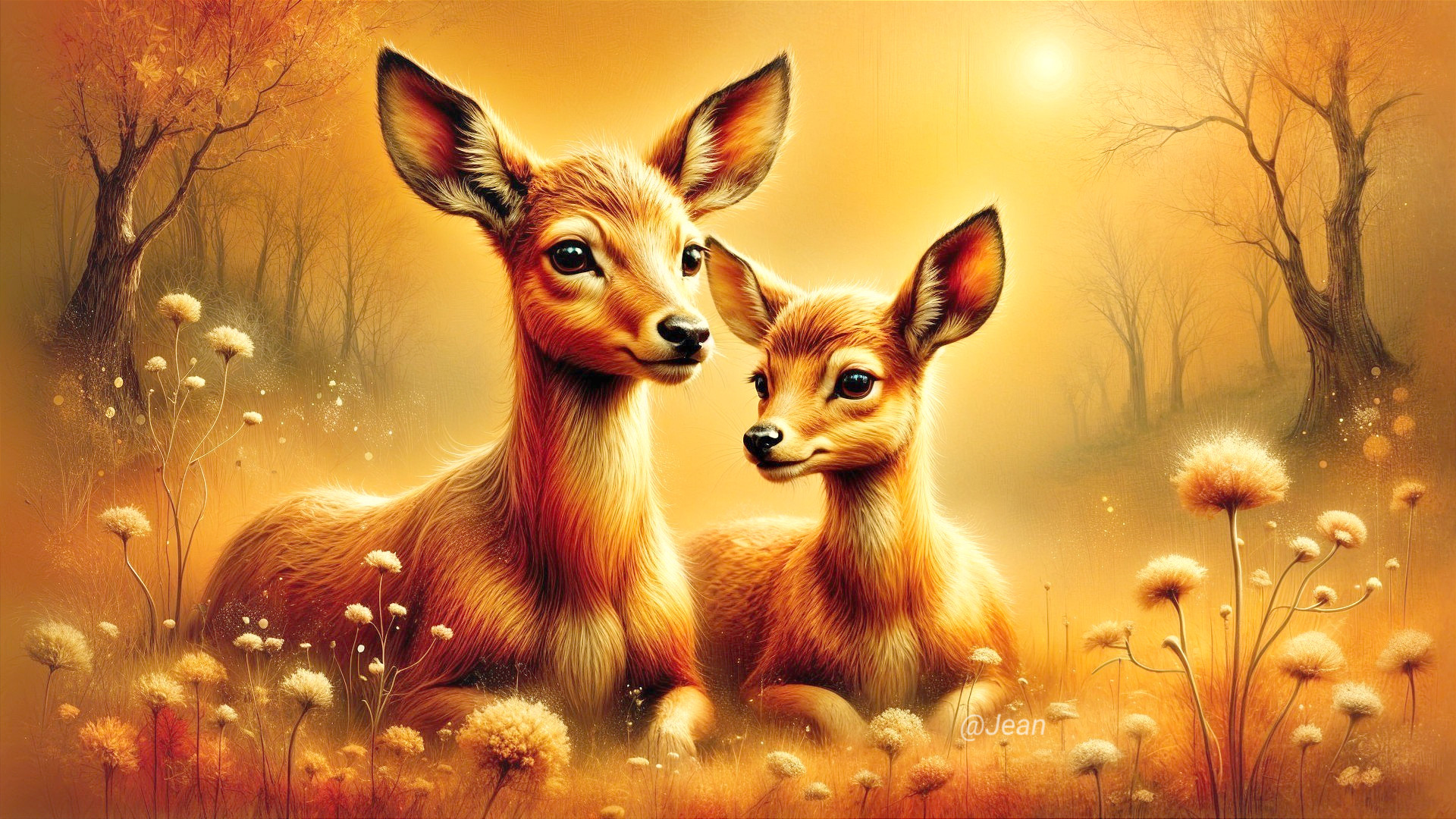 Autumn Landscape with Deer in Golden Grass