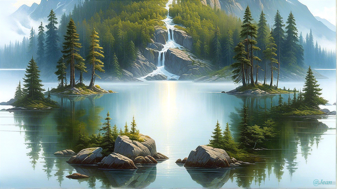 Tranquil Lake Surrounded by Evergreen Trees and Waterfall