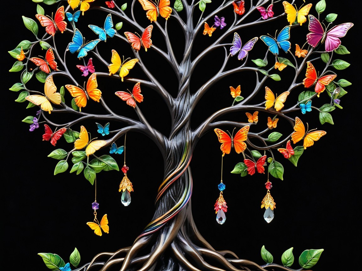 Vibrant Tree with Colorful Butterflies and Gems