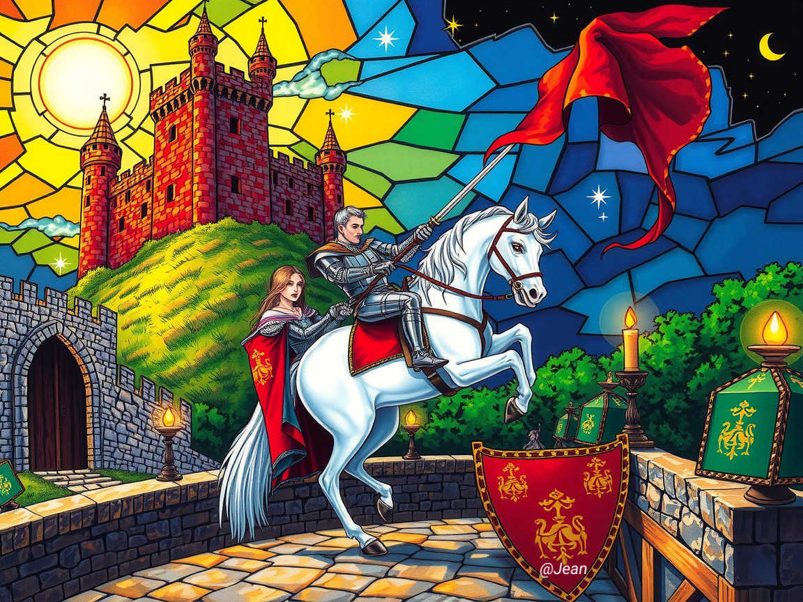 Stained Glass Depiction of Knight and Castle Scene