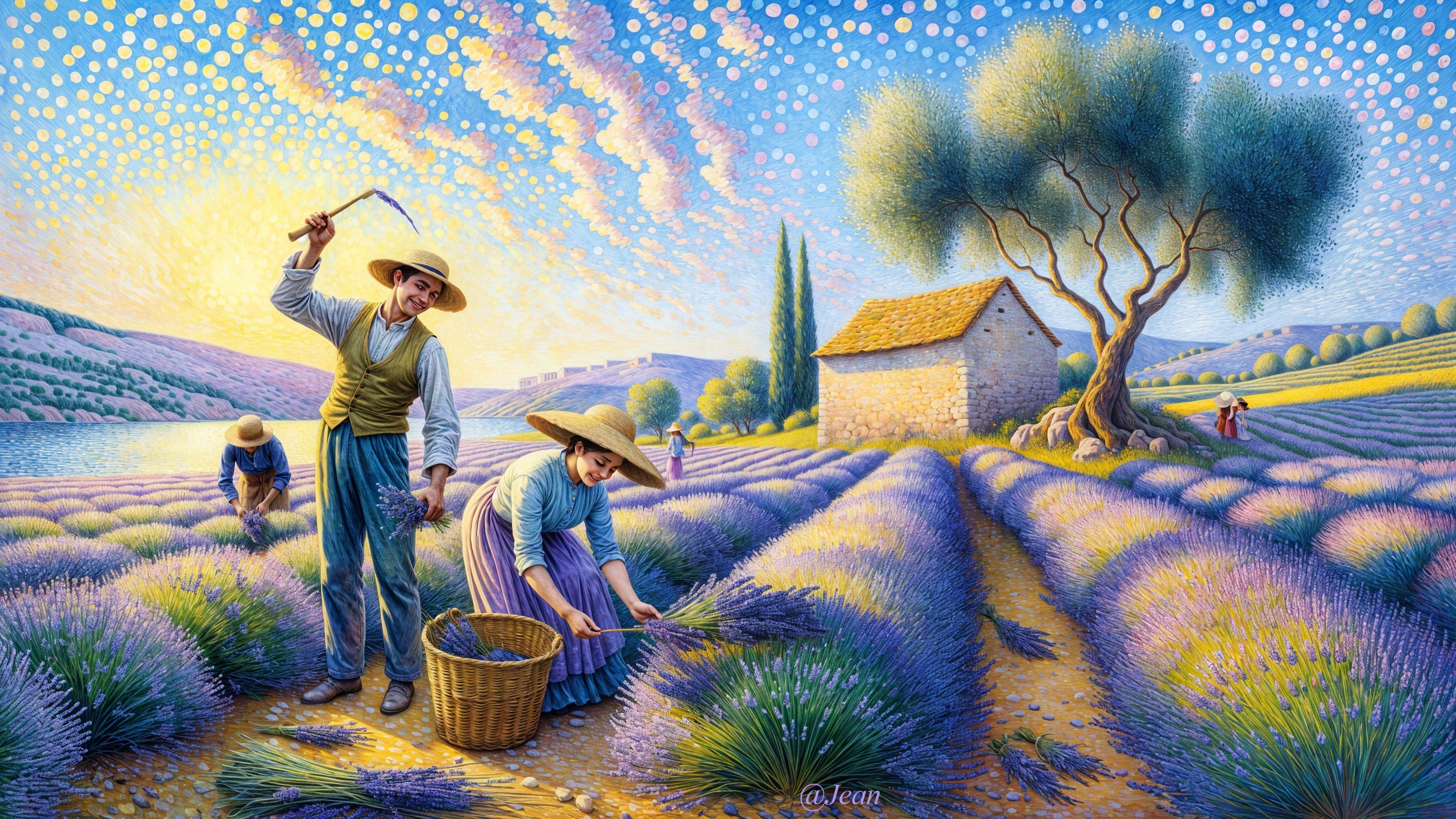 Impressionistic Painting of Lavender Harvesting Scene