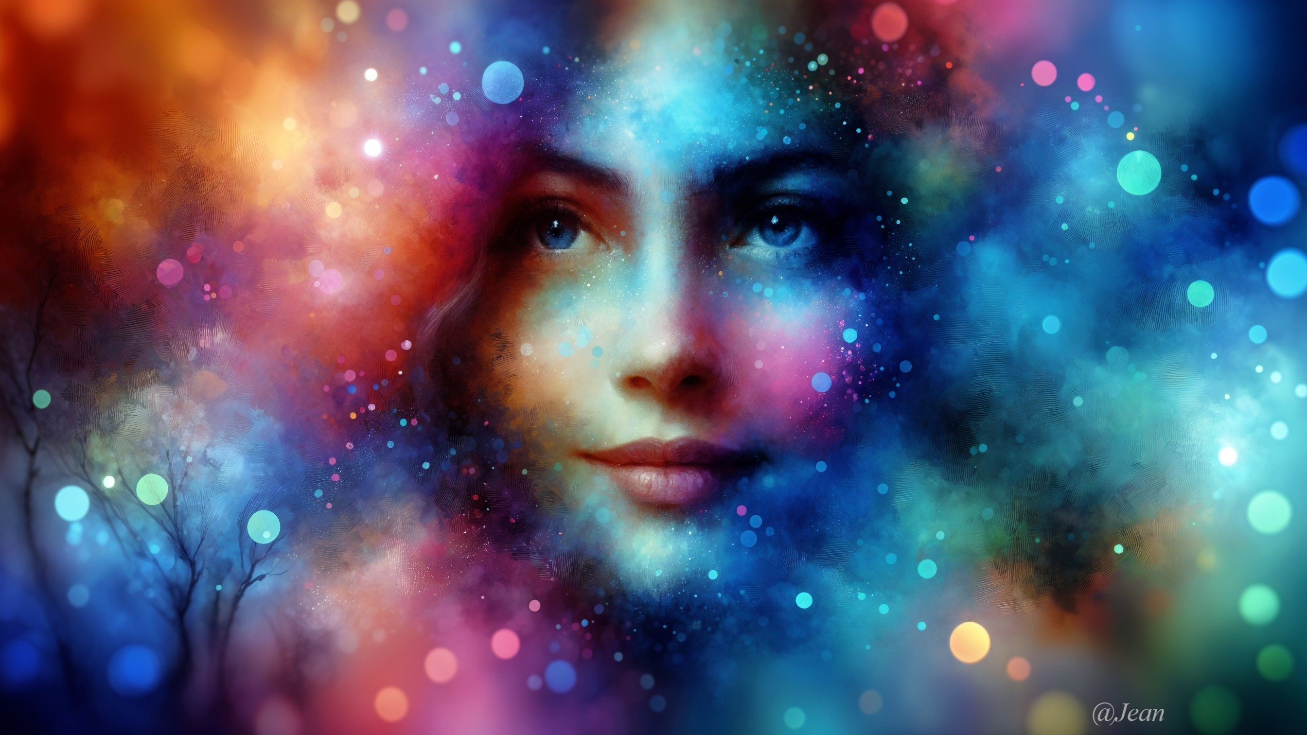 Vibrant Nebula Patterns Surround Serene Portrait
