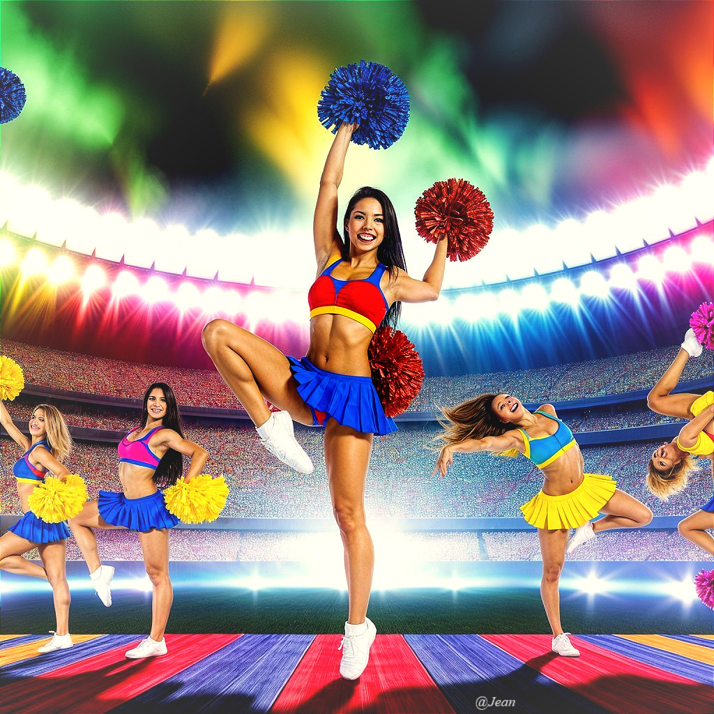 Cheerleading Squad Performance in Colorful Stadium