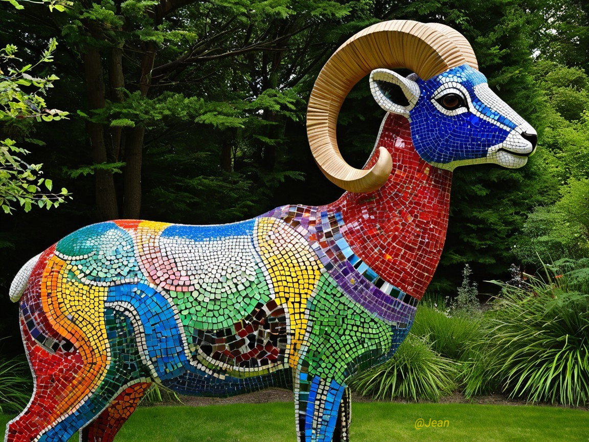Vibrant Mosaic Sculpture of a Colorful Ram