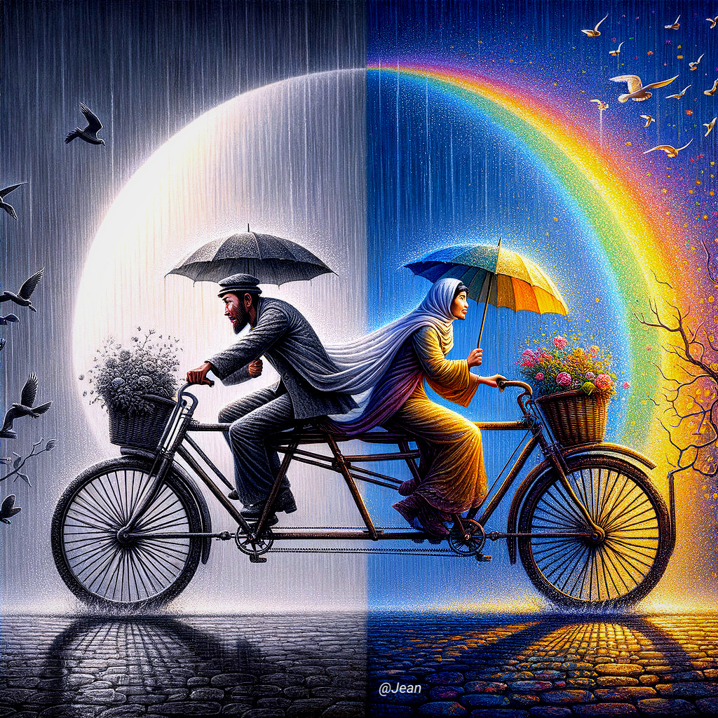 Tandem Bicycle Scene: Monochrome vs. Colorful Landscapes