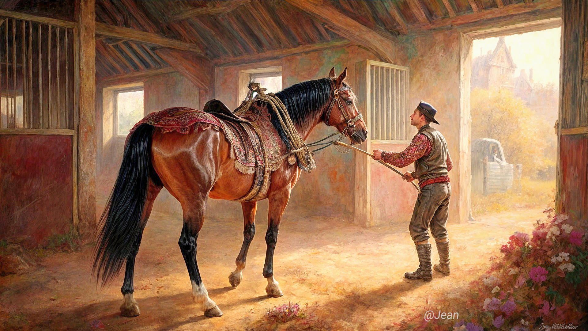 Man in period attire leading a saddled horse outdoors