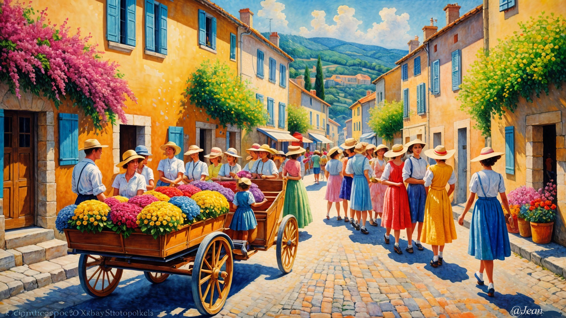 Colorful Street Scene with Flower Cart and Women