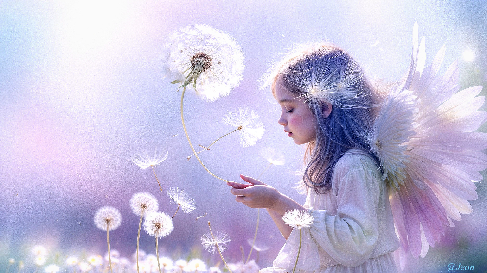 Young girl with white wings in a dreamy garden scene