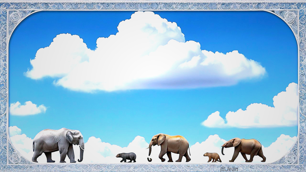 Whimsical Elephants in a Colorful Sky Scene