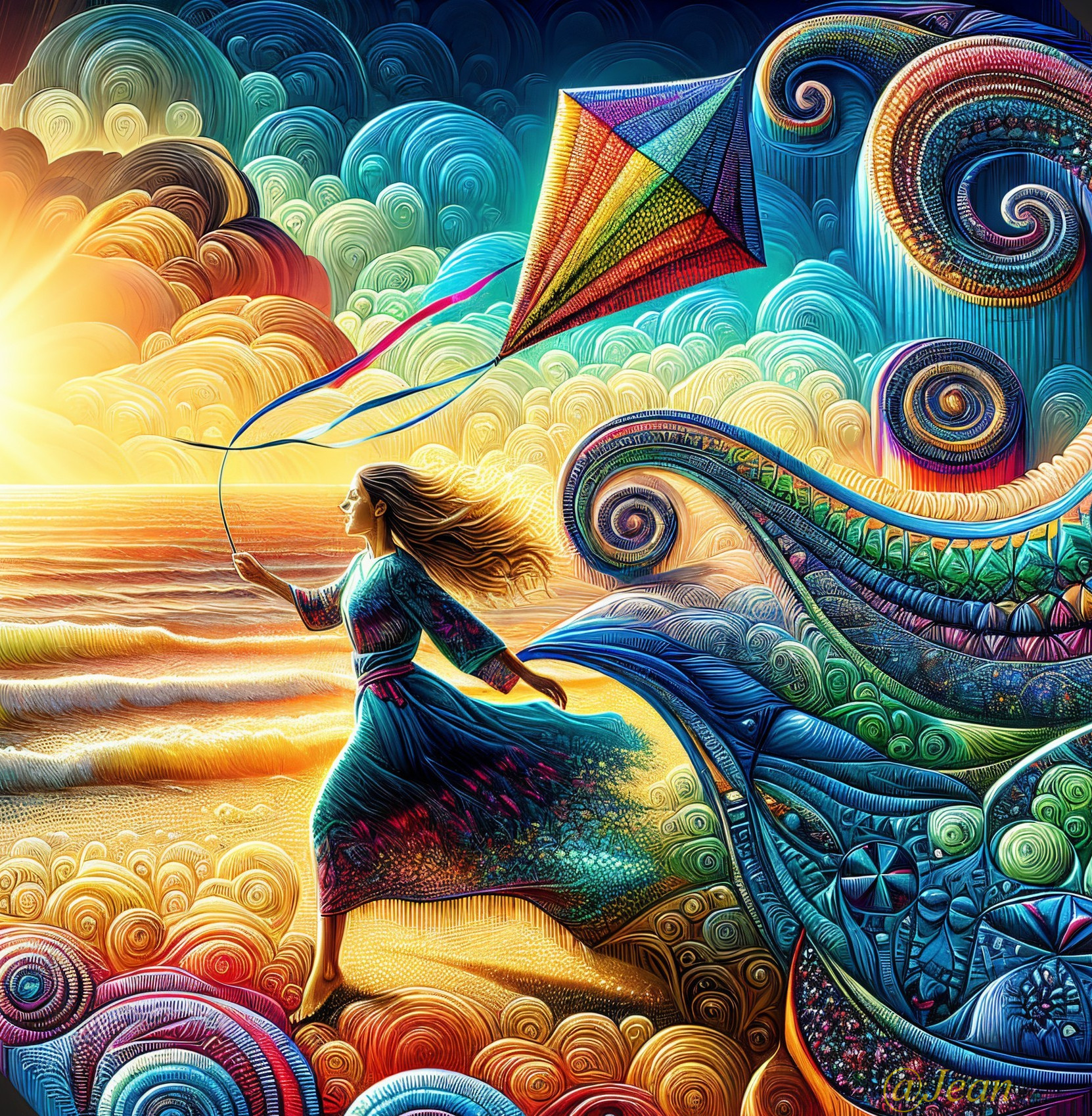 Woman Running on Beach with Colorful Kite at Sunset