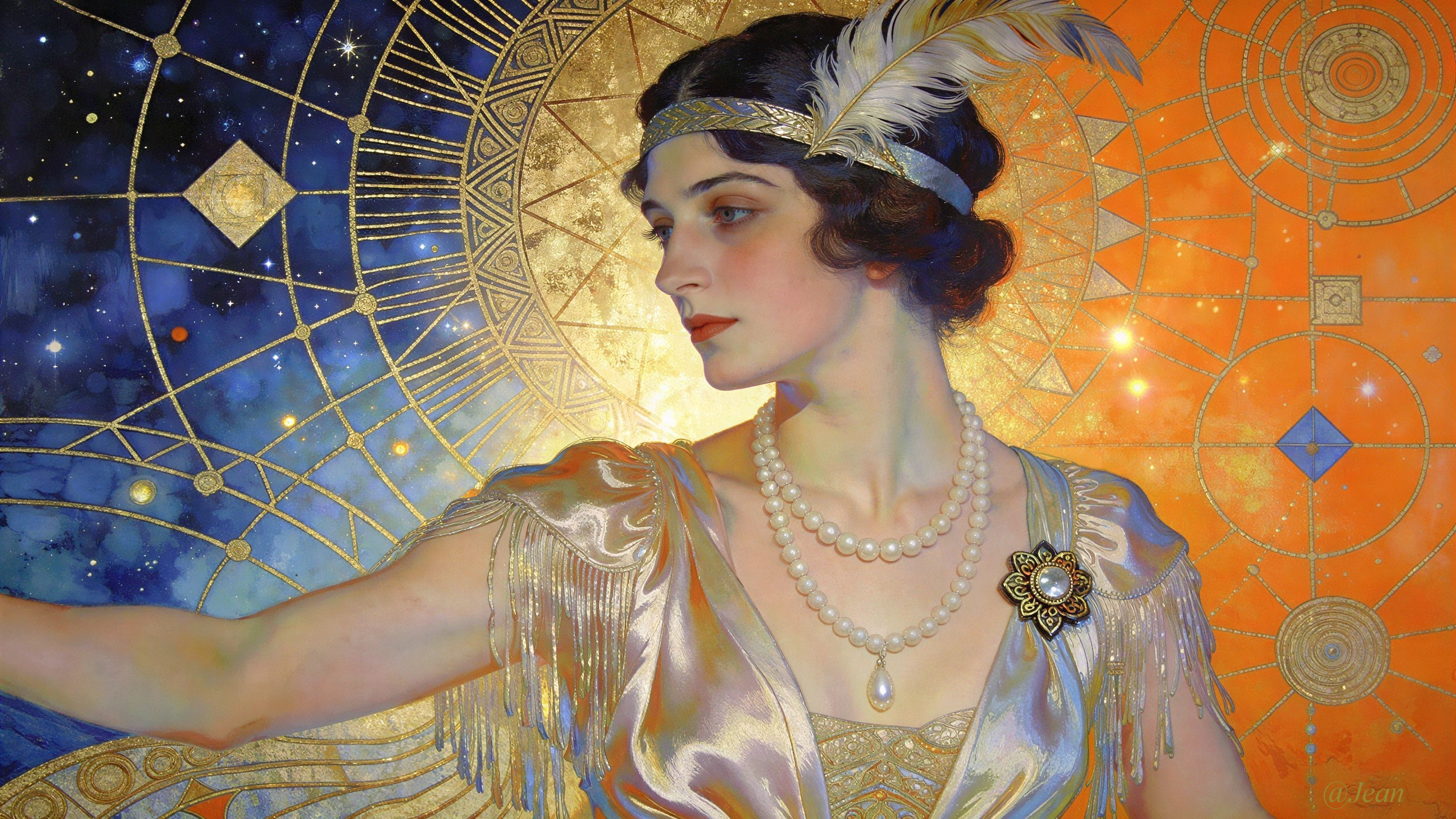 Art Deco Painting of Woman in Cosmic Background
