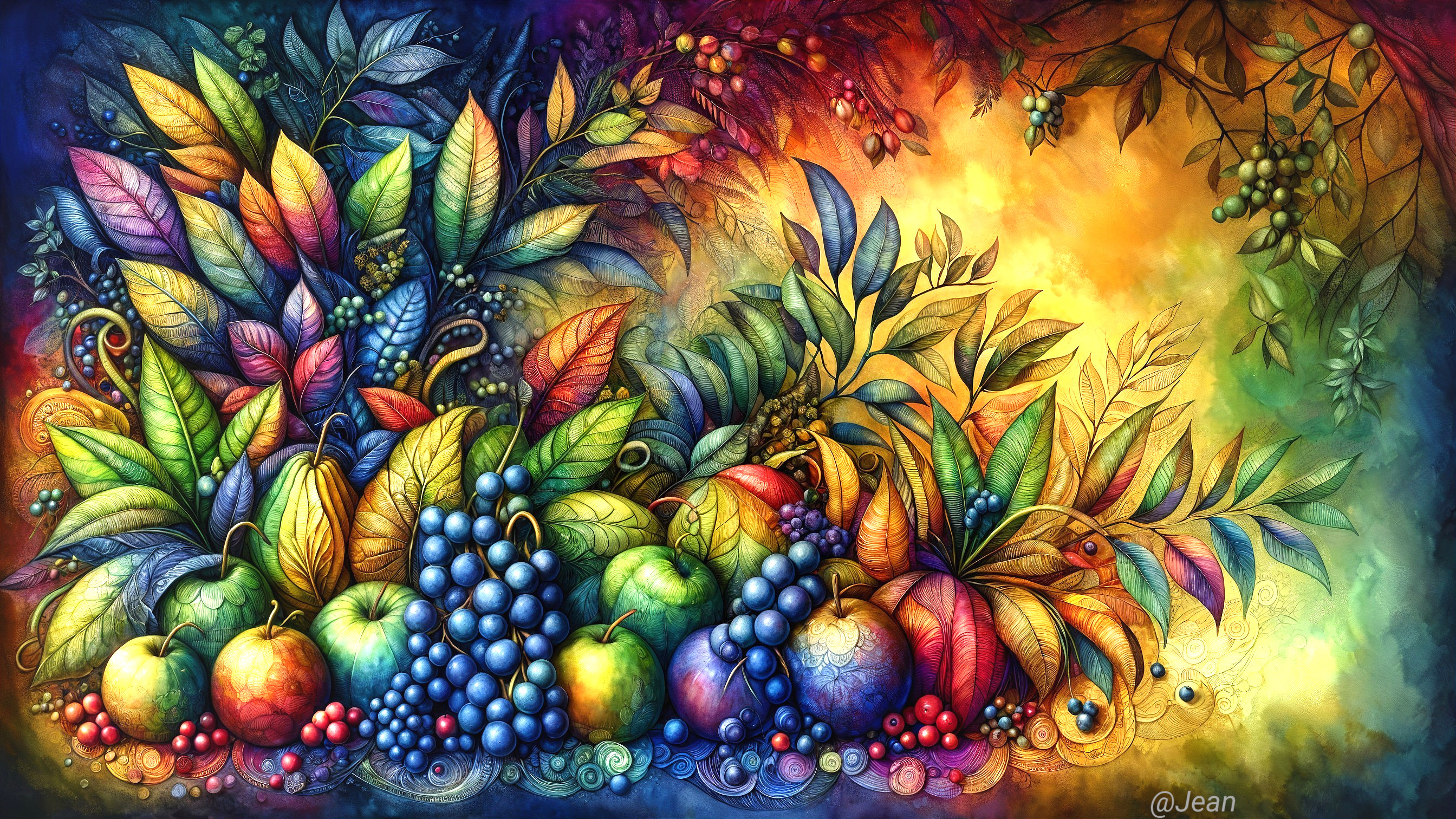 Vibrant Illustration of Fruits and Lush Leaves