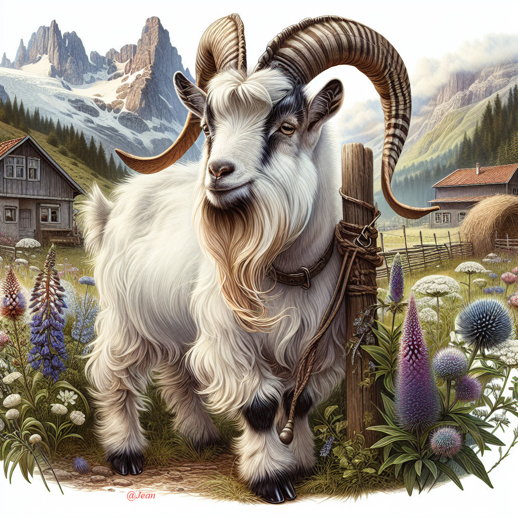 Majestic White Goat in Alpine Pastoral Landscape