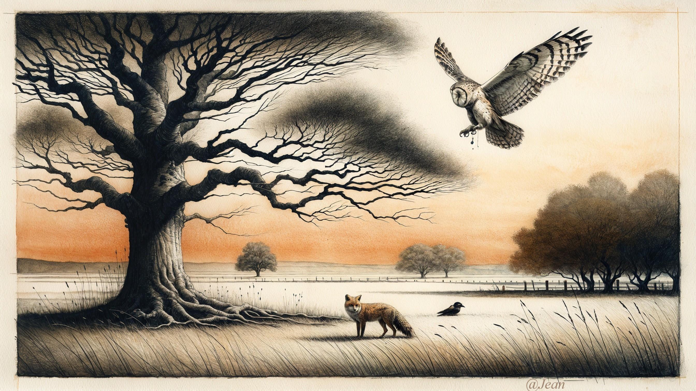 Serene landscape with tree, fox, and barn owl