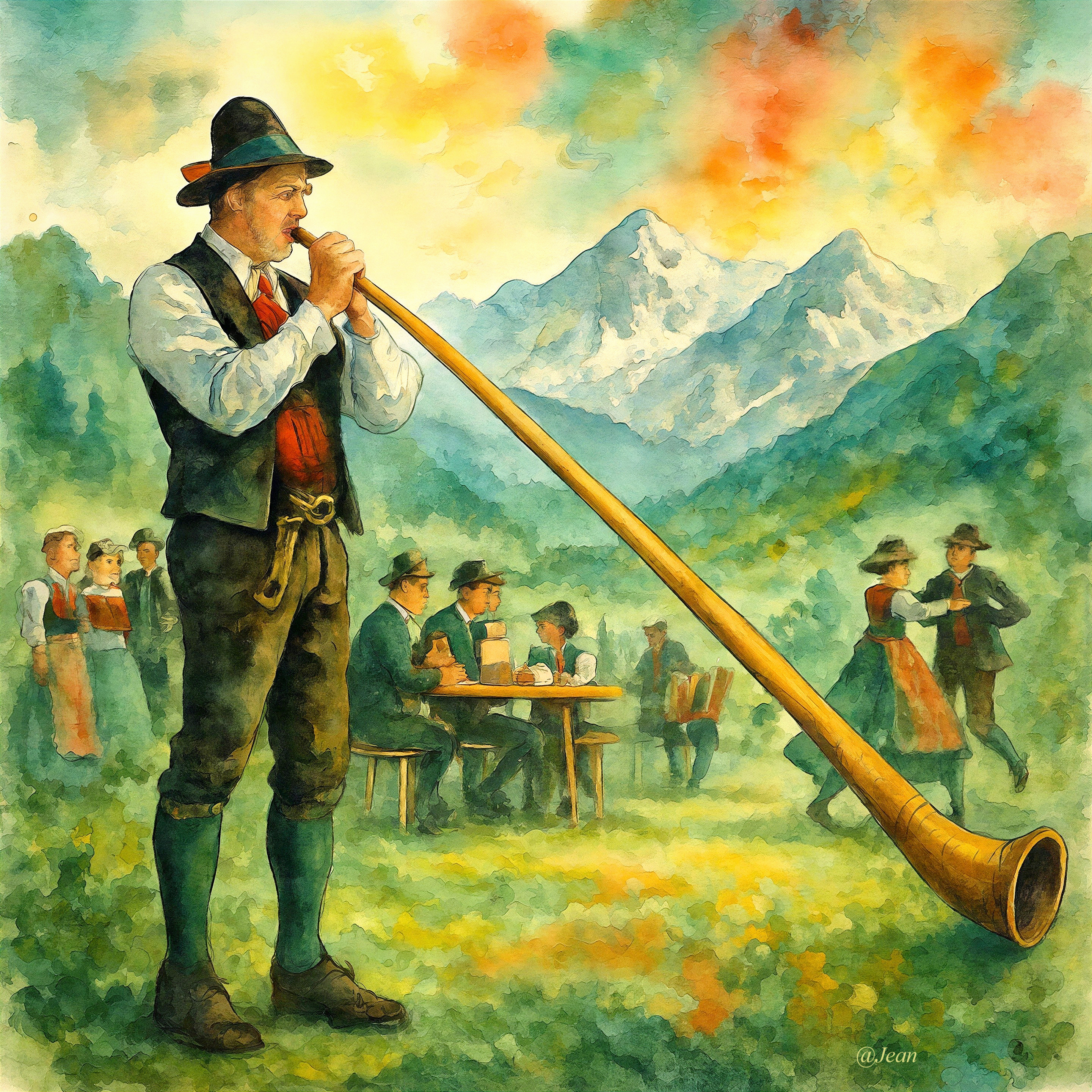 Watercolor Painting of Festive Outdoor Scene with Alpenhorn
