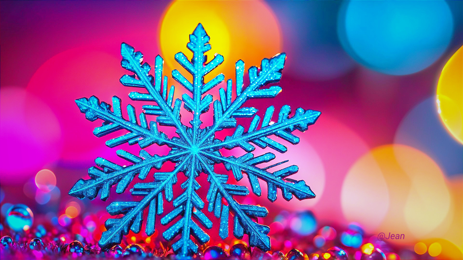 Vibrant Blue Snowflake on Colorful Bokeh Background