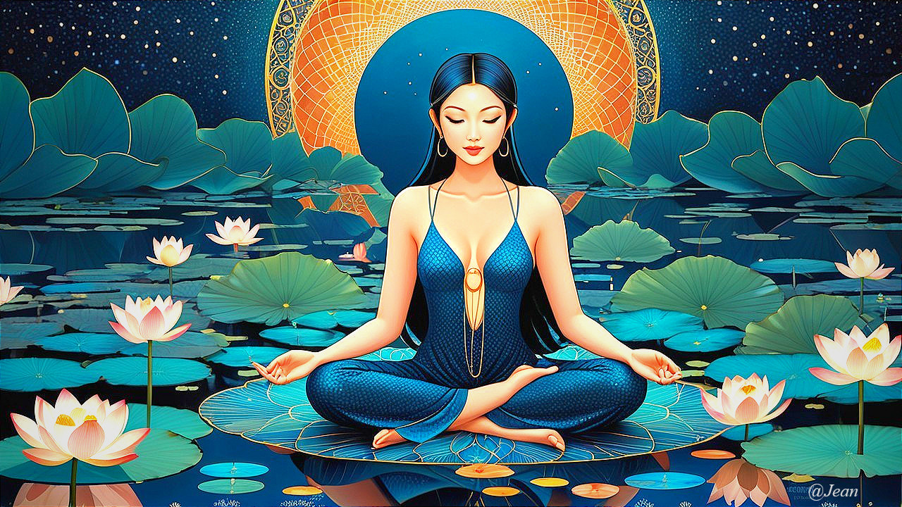 Serene figure on lotus flower amidst water lilies