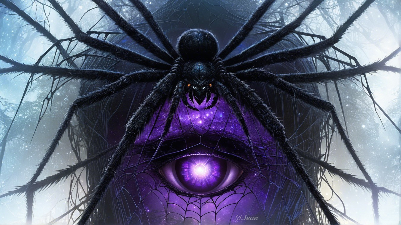 Surreal Spider with Purple Body in Mystical Forest
