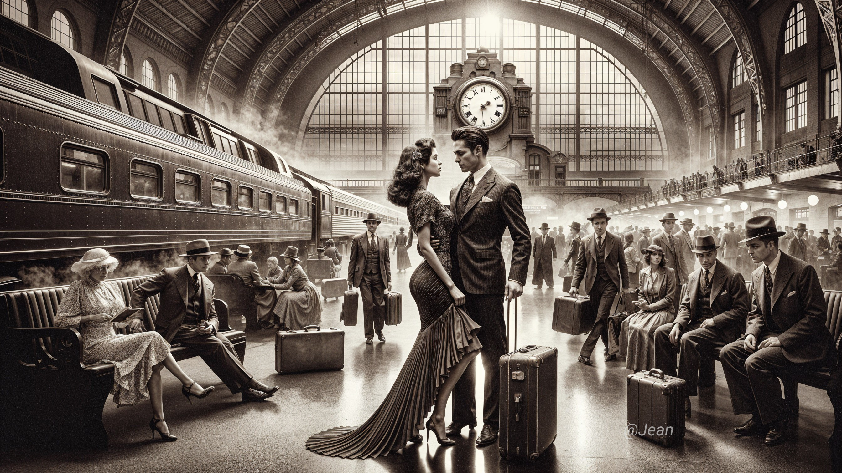 Vintage Train Station Scene with Elegant Travelers