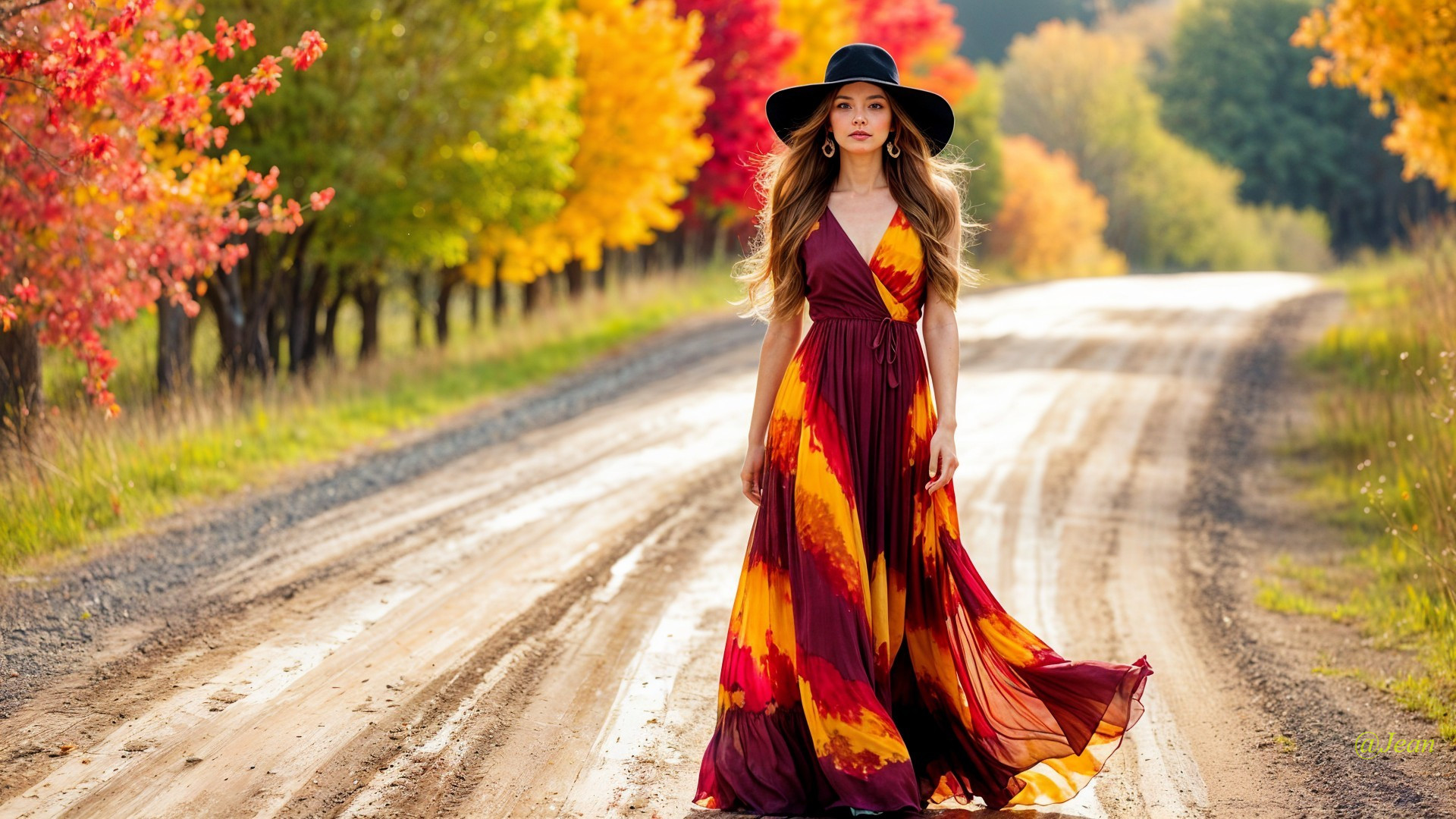 Young Woman on Autumn Road in Colorful Maxi Dress