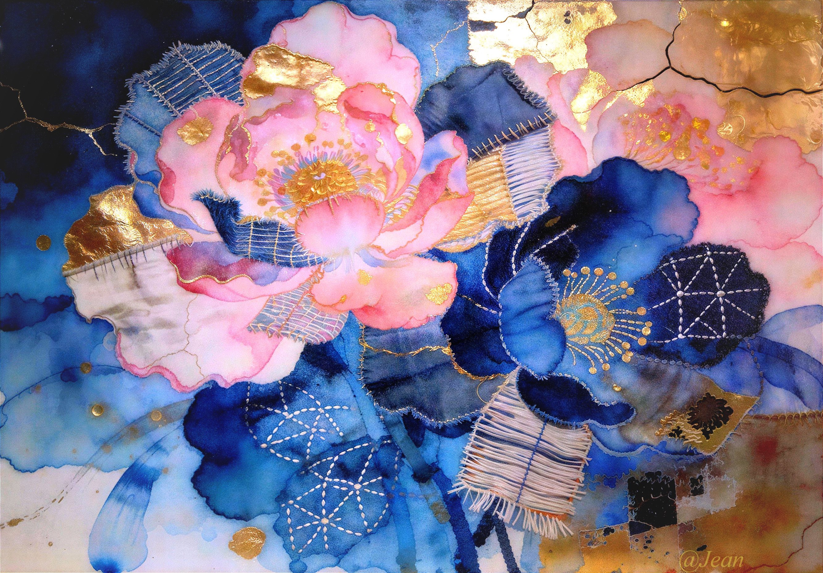 Vibrant Mixed-Media Painting with Stylized Flowers