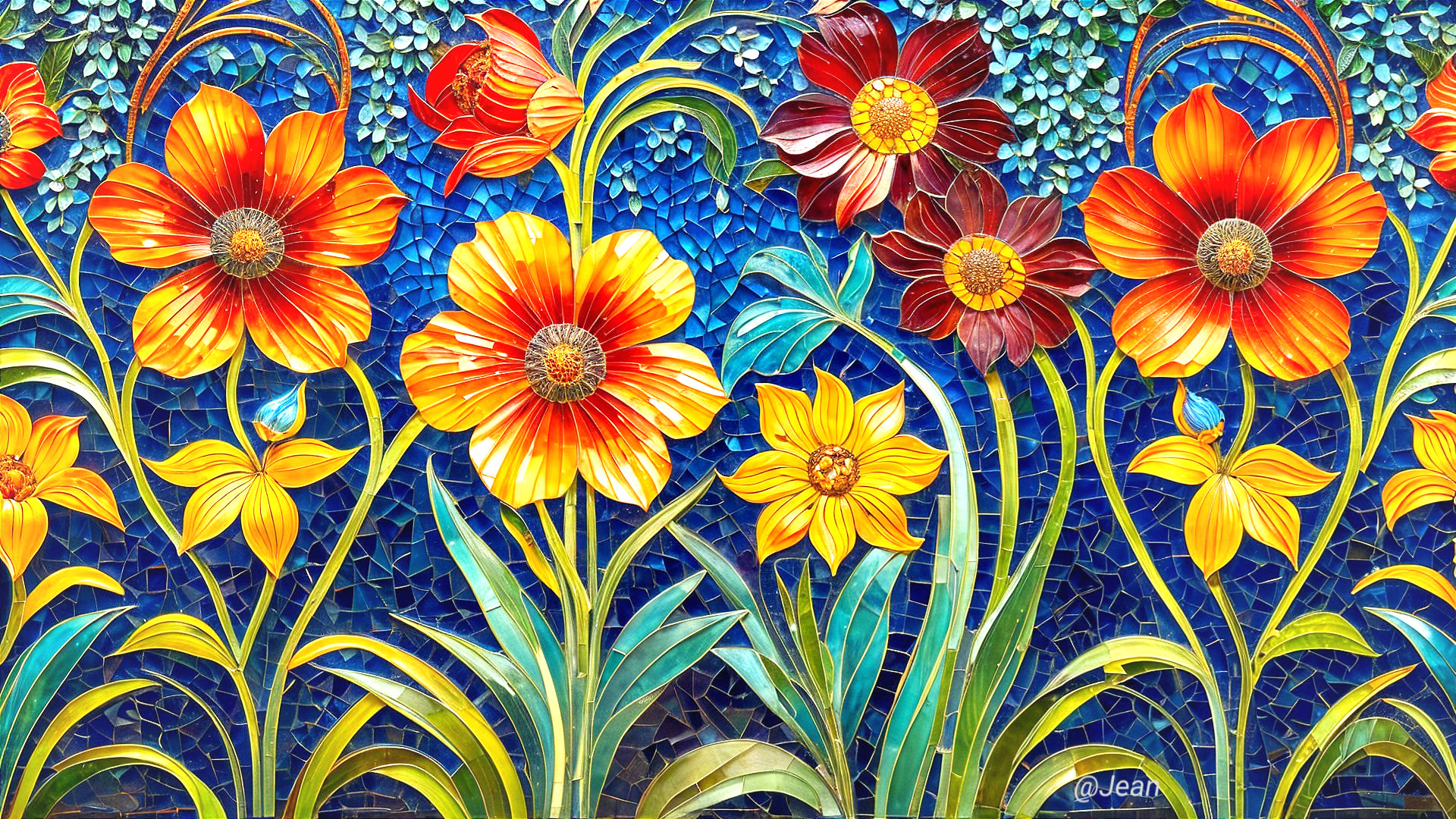 Vibrant Flower Mosaic on Rich Blue Background