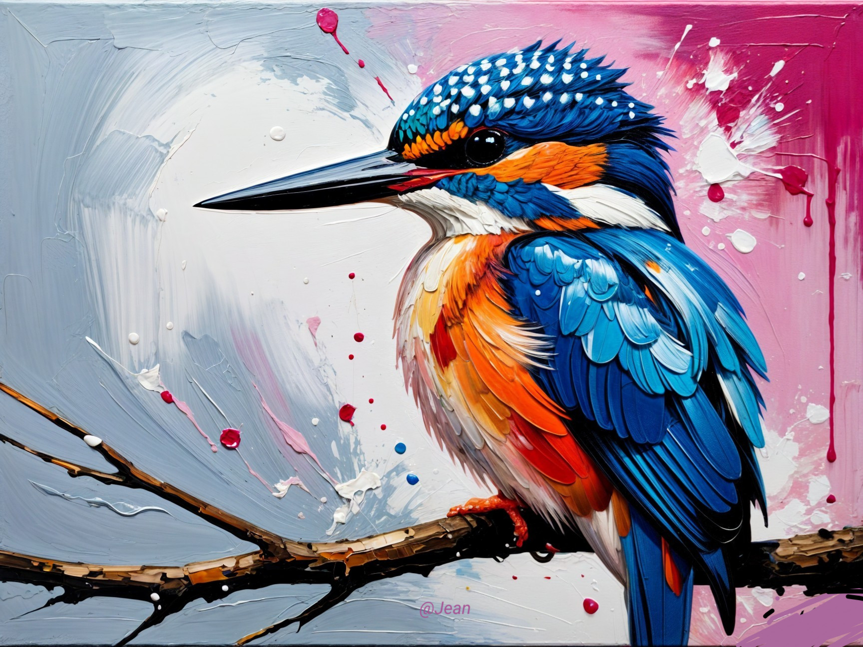 Colorful Painting of a Kingfisher on a Branch