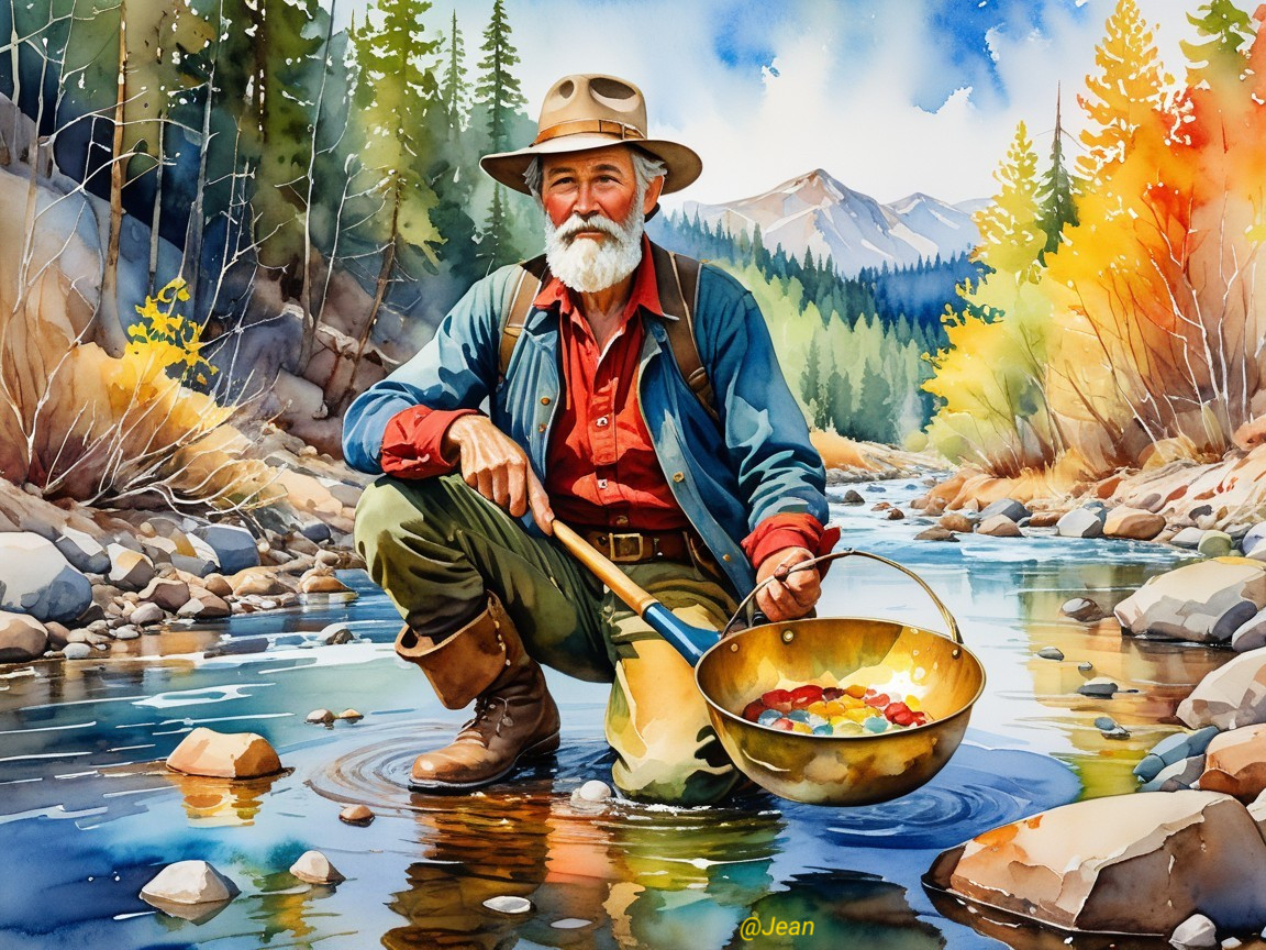 Rugged Prospector Panning for Gems by a Stream